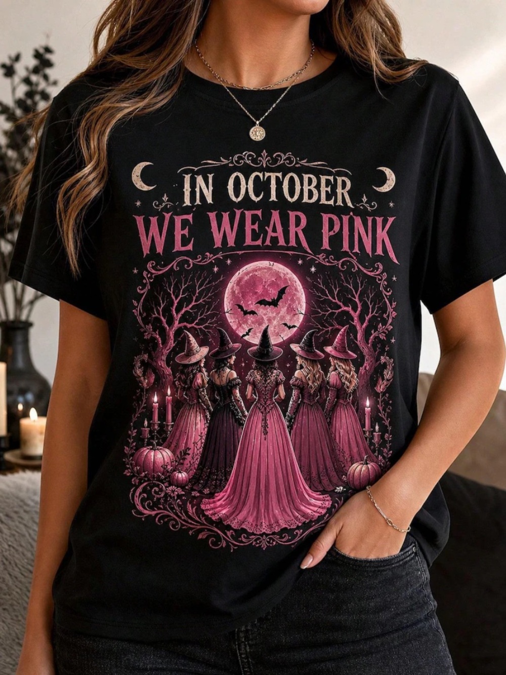 Black Tee with Pink Halloween Witch Graphic